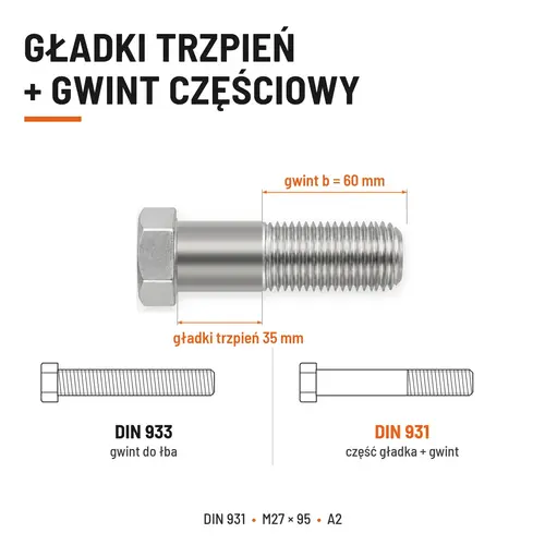 ŚRUBA SZEŚCIOKĄTNA DIN 931 M27x95 A2