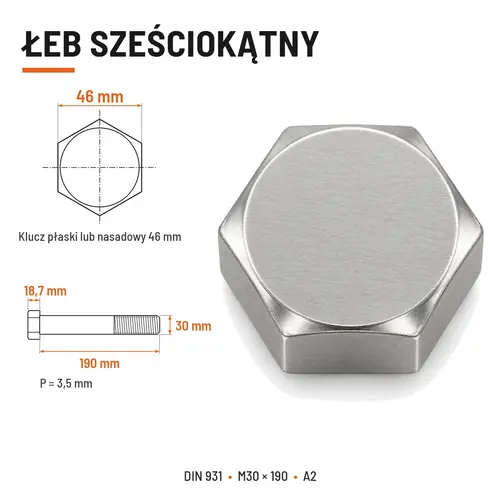 ŚRUBA SZEŚCIOKĄTNA DIN 931 M30x190 A2