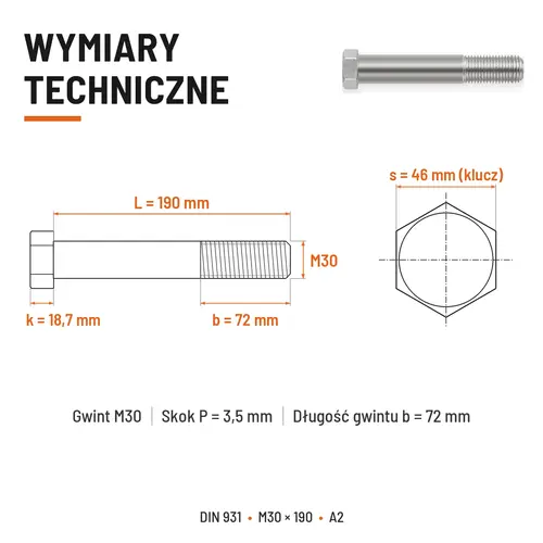 ŚRUBA SZEŚCIOKĄTNA DIN 931 M30x190 A2