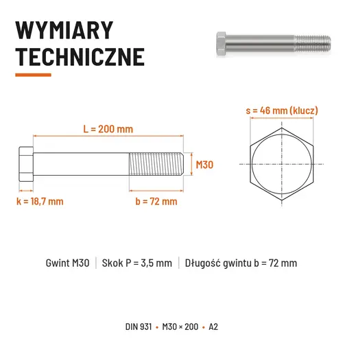 ŚRUBA SZEŚCIOKĄTNA DIN 931 M30x200 A2