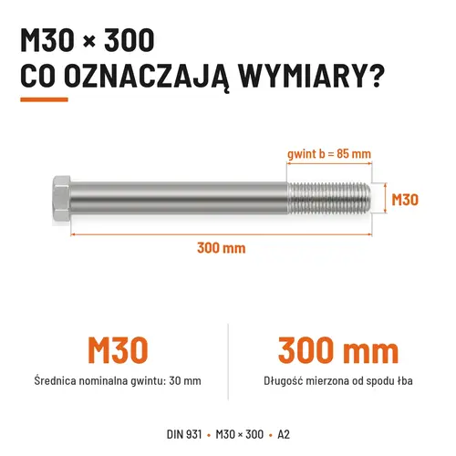 ŚRUBA SZEŚCIOKĄTNA DIN 931 M30x300 A2