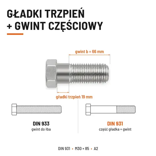 ŚRUBA SZEŚCIOKĄTNA DIN 931 M30x85 A2