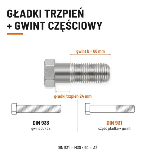 ŚRUBA SZEŚCIOKĄTNA DIN 931 M30x90 A2