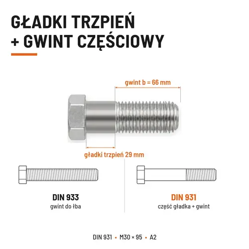 ŚRUBA SZEŚCIOKĄTNA DIN 931 M30x95 A2