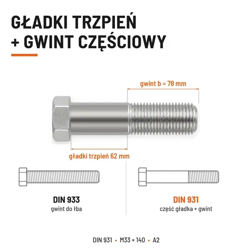 ŚRUBA SZEŚCIOKĄTNA DIN 931 M33x140 A2