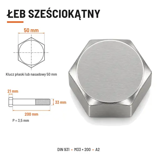 ŚRUBA SZEŚCIOKĄTNA DIN 931 M33x200 A2