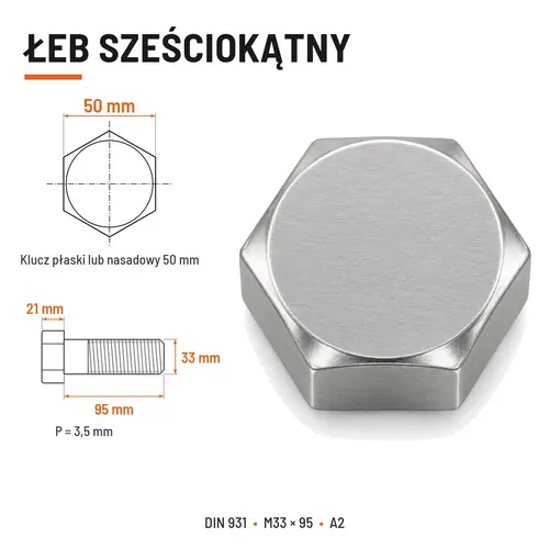 ŚRUBA SZEŚCIOKĄTNA DIN 931 M33x95 A2
