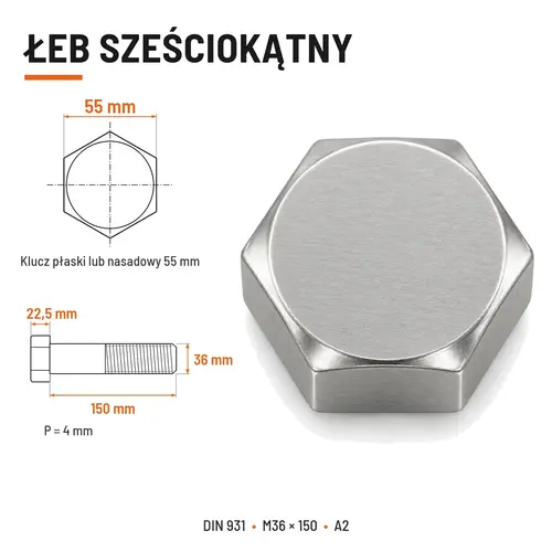 ŚRUBA SZEŚCIOKĄTNA DIN 931 M36x150 A2