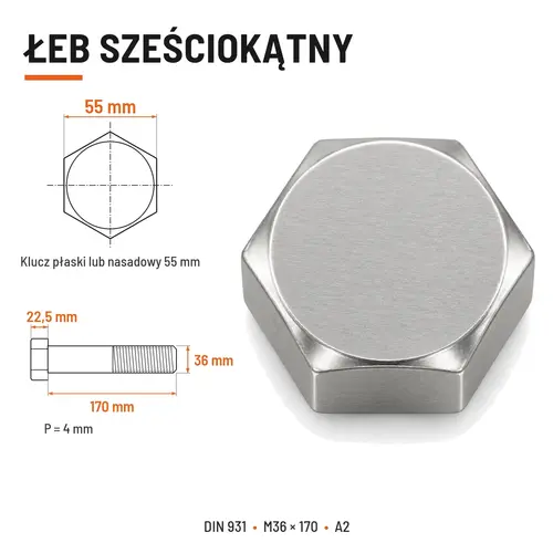 ŚRUBA SZEŚCIOKĄTNA DIN 931 M36x170 A2
