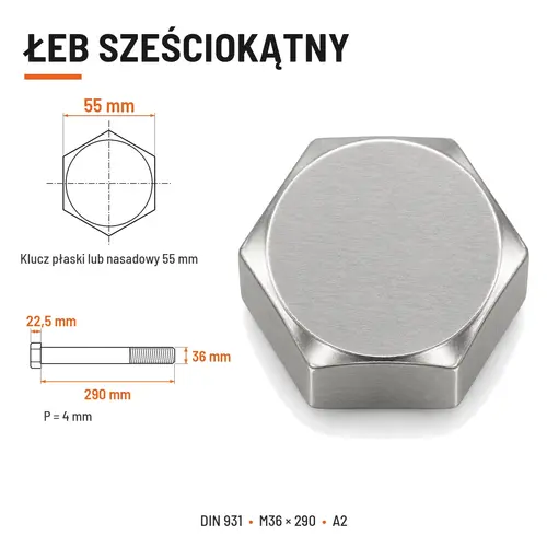 ŚRUBA SZEŚCIOKĄTNA DIN 931 M36x290 A2