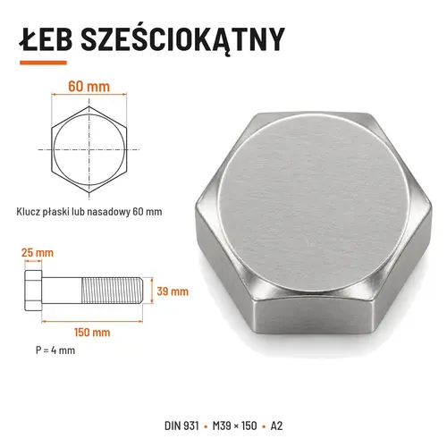ŚRUBA SZEŚCIOKĄTNA DIN 931 M39x150 A2