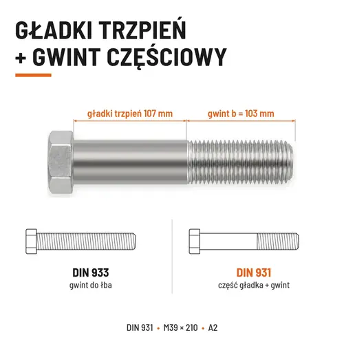 ŚRUBA SZEŚCIOKĄTNA DIN 931 M39x210 A2