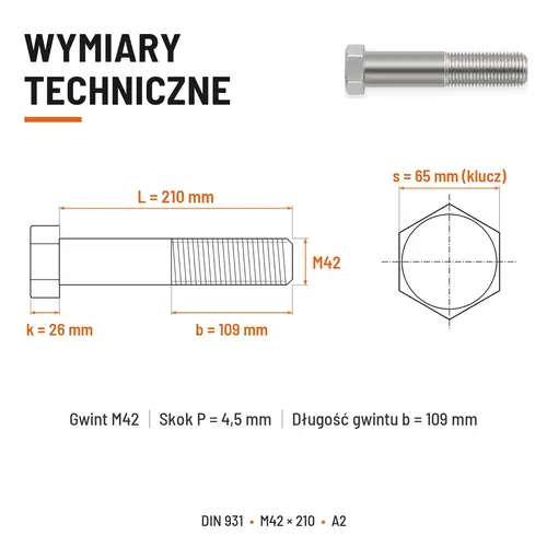 ŚRUBA SZEŚCIOKĄTNA DIN 931 M42x210 A2