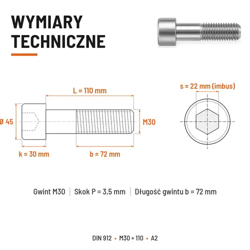 ŚRUBA IMBUSOWA Z NIEPEŁNYM GWINTEM DIN 912 M30X110 A2