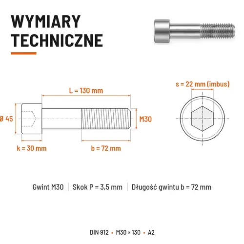 ŚRUBA IMBUSOWA Z NIEPEŁNYM GWINTEM DIN 912 M30X130 A2