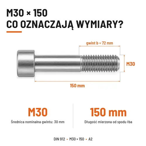 ŚRUBA IMBUSOWA Z NIEPEŁNYM GWINTEM DIN 912 M30X150 A2