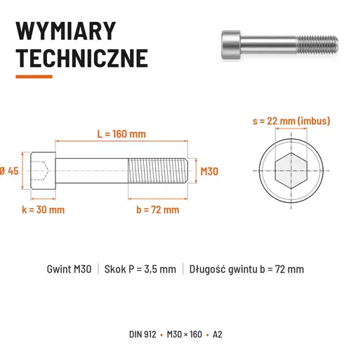 ŚRUBA IMBUSOWA Z NIEPEŁNYM GWINTEM DIN 912 M30X160 A2