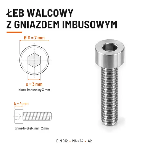 ŚRUBA IMBUSOWA Z PEŁNYM GWINTEM DIN 912 M4X14 A2