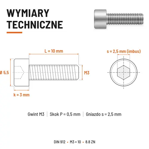 ŚRUBA IMBUSOWA DIN 912 M3X10 KLASA 8.8 OCYNK GALWANICZNY