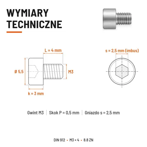 ŚRUBA IMBUSOWA DIN 912 M3X4 KLASA 8.8 OCYNK GALWANICZNY