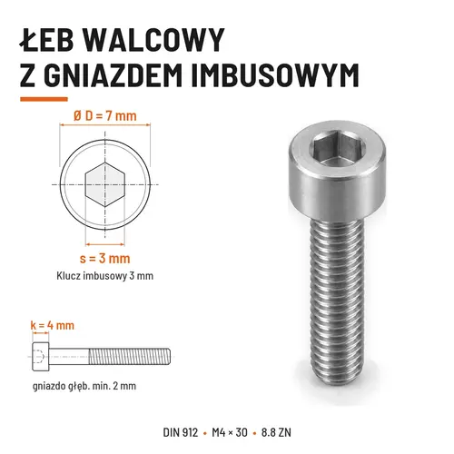 ŚRUBA IMBUSOWA DIN 912 M4X30 KLASA 8.8 OCYNK GALWANICZNY