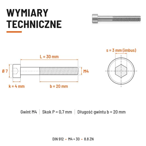 ŚRUBA IMBUSOWA DIN 912 M4X30 KLASA 8.8 OCYNK GALWANICZNY