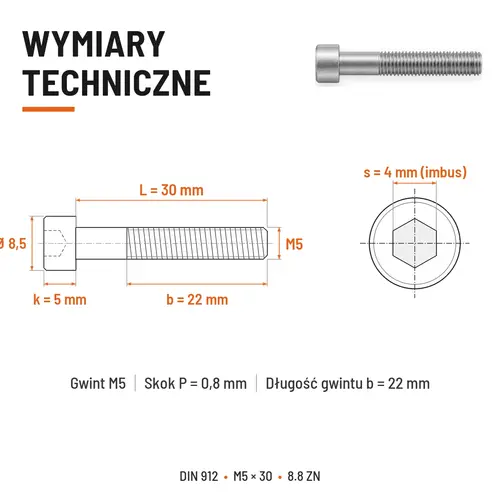 ŚRUBA IMBUSOWA DIN 912 M5X30 KLASA 8.8 OCYNK GALWANICZNY