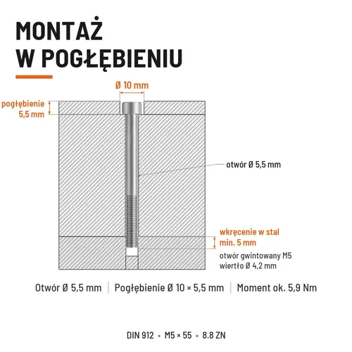ŚRUBA IMBUSOWA DIN 912 M5X55 KLASA 8.8 OCYNK GALWANICZNY