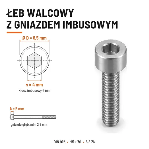 ŚRUBA IMBUSOWA DIN 912 M5X70 KLASA 8.8 OCYNK GALWANICZNY