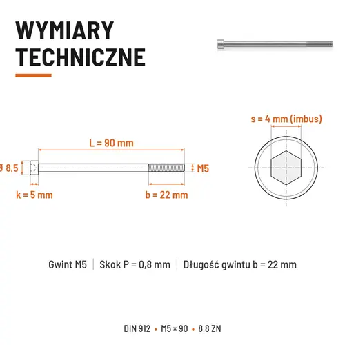 ŚRUBA IMBUSOWA DIN 912 M5X90 KLASA 8.8 OCYNK GALWANICZNY