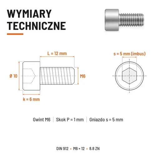 ŚRUBA IMBUSOWA DIN 912 M6X12 KLASA 8.8 OCYNK GALWANICZNY