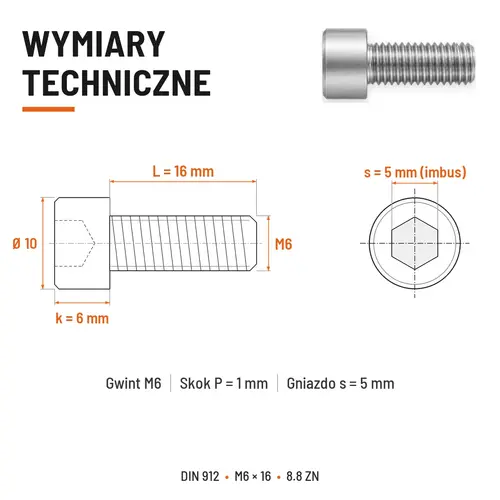 ŚRUBA IMBUSOWA DIN 912 M6X16 KLASA 8.8 OCYNK GALWANICZNY