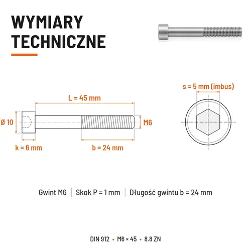 ŚRUBA IMBUSOWA DIN 912 M6X45 KLASA 8.8 OCYNK GALWANICZNY