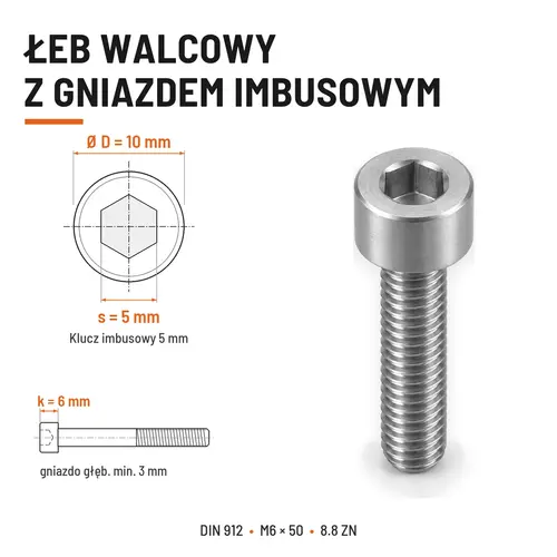ŚRUBA IMBUSOWA DIN 912 M6X50 KLASA 8.8 OCYNK GALWANICZNY