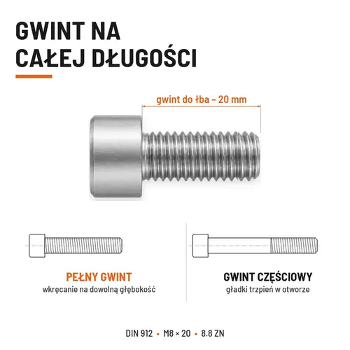 ŚRUBA IMBUSOWA DIN 912 M8X20 KLASA 8.8 OCYNK GALWANICZNY