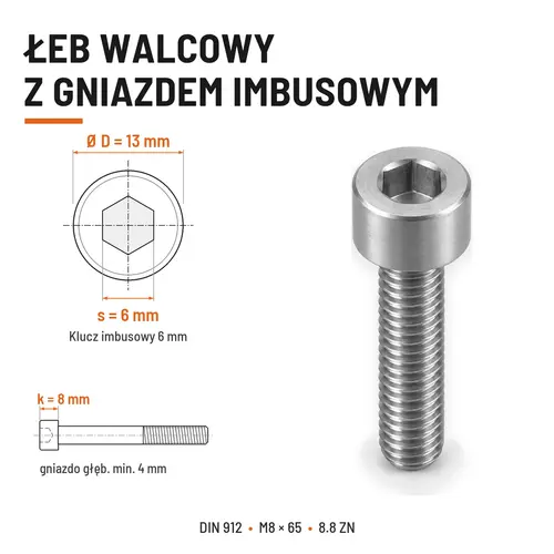 ŚRUBA IMBUSOWA DIN 912 M8X65 KLASA 8.8 OCYNK GALWANICZNY
