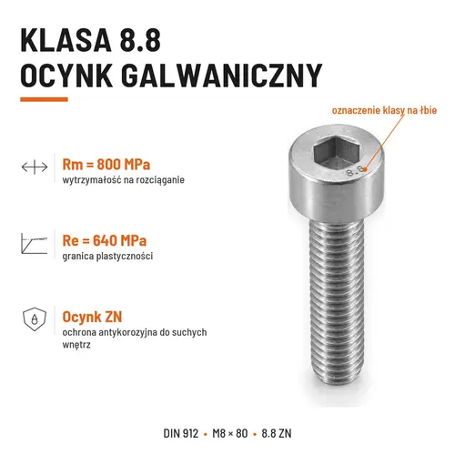 ŚRUBA IMBUSOWA DIN 912 M8X80 KLASA 8.8 OCYNK GALWANICZNY