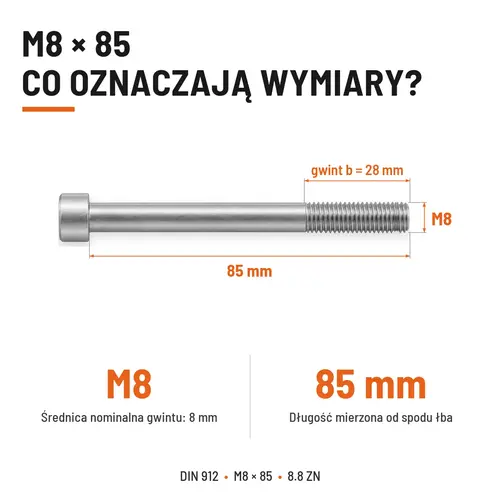 ŚRUBA IMBUSOWA DIN 912 M8X85 KLASA 8.8 OCYNK GALWANICZNY