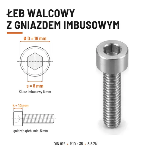 ŚRUBA IMBUSOWA DIN 912 M10X35 KLASA 8.8 OCYNK GALWANICZNY