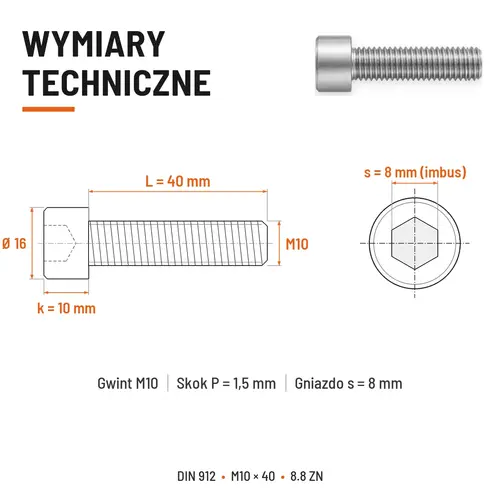 ŚRUBA IMBUSOWA DIN 912 M10X40 KLASA 8.8 OCYNK GALWANICZNY