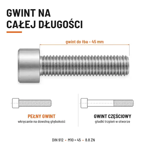 ŚRUBA IMBUSOWA DIN 912 M10X45 KLASA 8.8 OCYNK GALWANICZNY