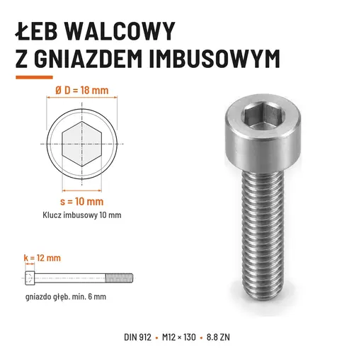 ŚRUBA IMBUSOWA DIN 912 M12X130 KLASA 8.8 OCYNK GALWANICZNY