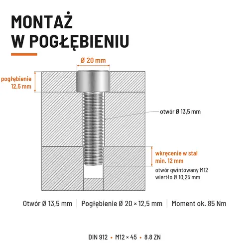 ŚRUBA IMBUSOWA DIN 912 M12X45 KLASA 8.8 OCYNK GALWANICZNY