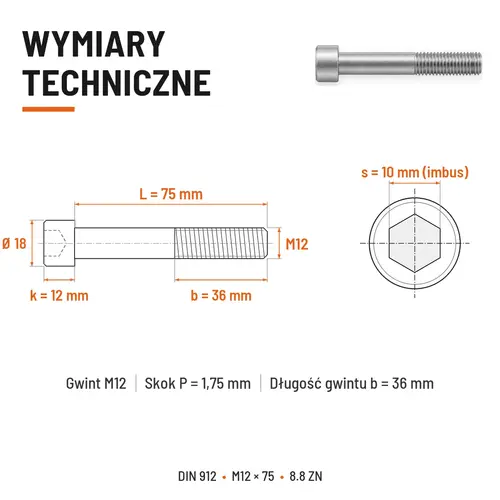 ŚRUBA IMBUSOWA DIN 912 M12X75 KLASA 8.8 OCYNK GALWANICZNY
