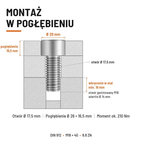 ŚRUBA IMBUSOWA DIN 912 M16X40 KLASA 8.8 OCYNK GALWANICZNY