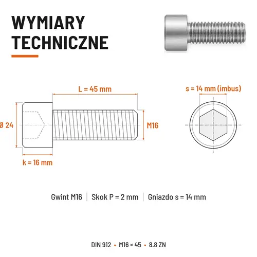 ŚRUBA IMBUSOWA DIN 912 M16X45 KLASA 8.8 OCYNK GALWANICZNY