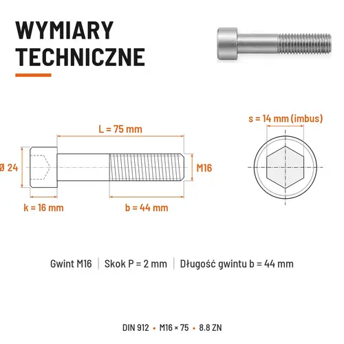 ŚRUBA IMBUSOWA DIN 912 M16X75 KLASA 8.8 OCYNK GALWANICZNY