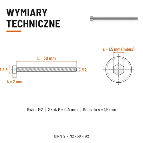ŚRUBA IMBUSOWA Z PEŁNYM GWINTEM DIN 912 M2X30 A2