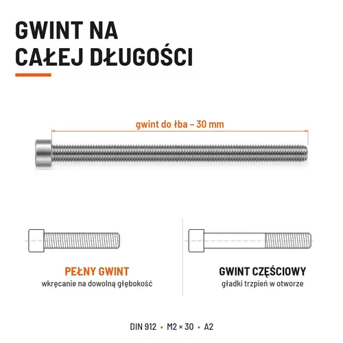 ŚRUBA IMBUSOWA Z PEŁNYM GWINTEM DIN 912 M2X30 A2