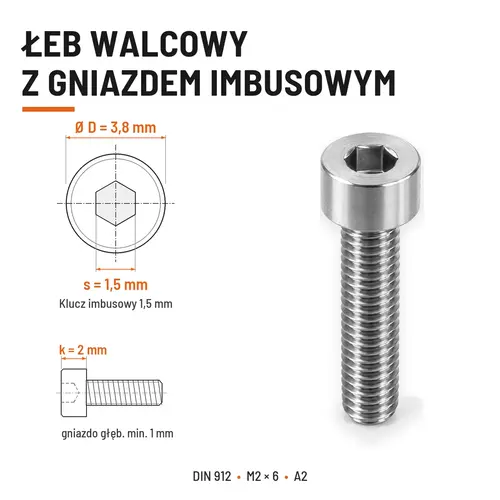 ŚRUBA IMBUSOWA Z PEŁNYM GWINTEM DIN 912 M2X6 A2